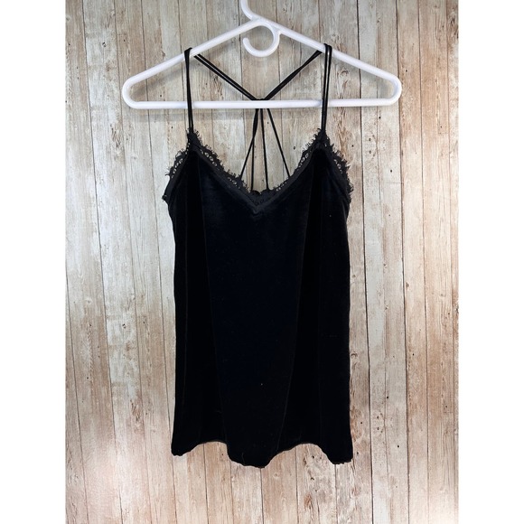 Abercrombie & Fitch Tank Top Womens XS Black Velvet Spaghetti Strap Fringed Trim - Picture 1 of 8